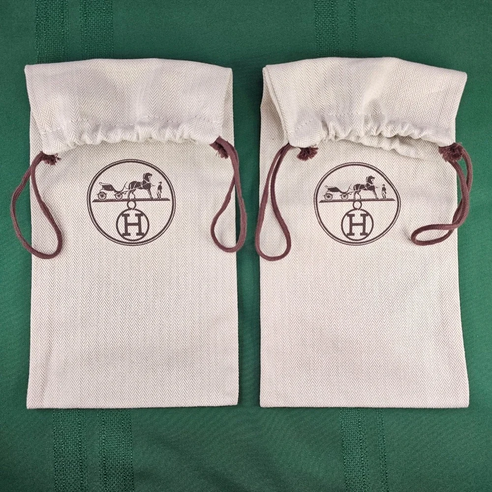 2 Hermès‎ Dust Bags Pouches Beige Paris Herringbone Drawstring Storage 14x6.5